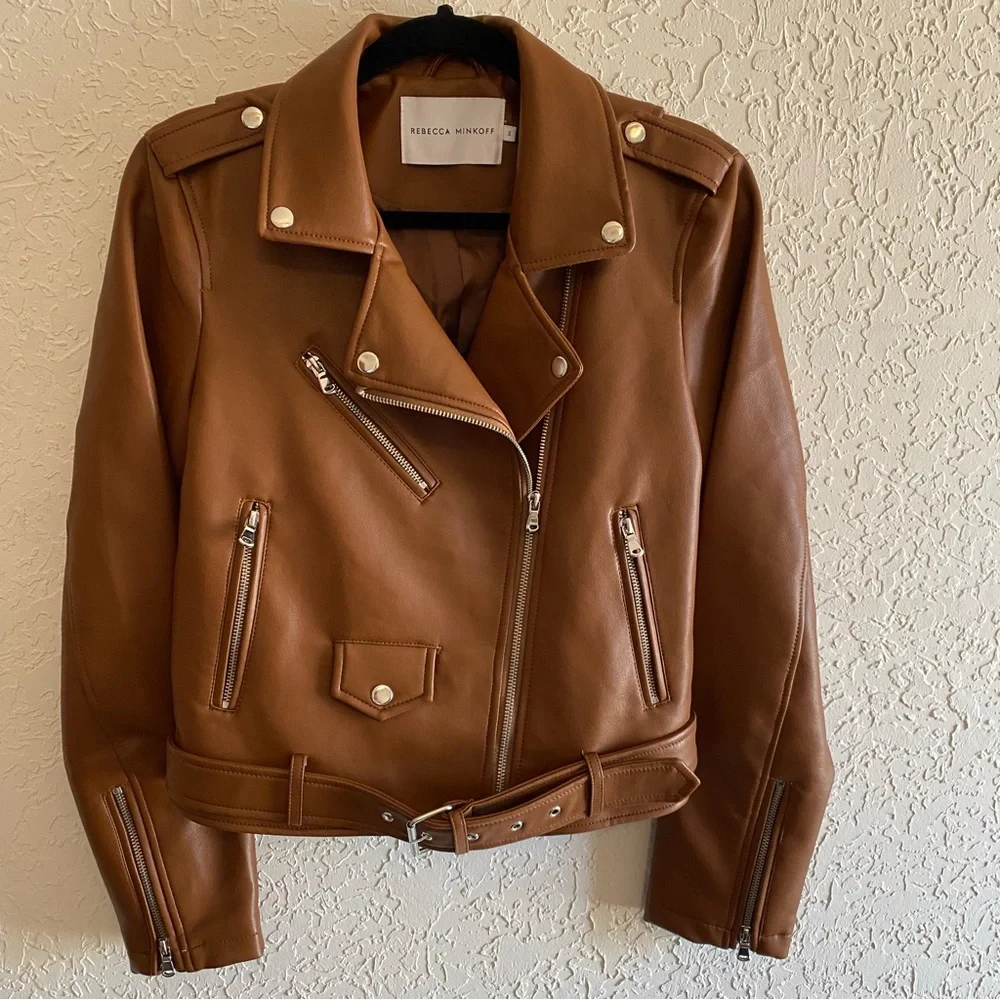 NWOT Rebecca Minkoff Cognac Tan Faux Leather Moto Biker Zipper Jacket Size Small - Picture 1 of 10